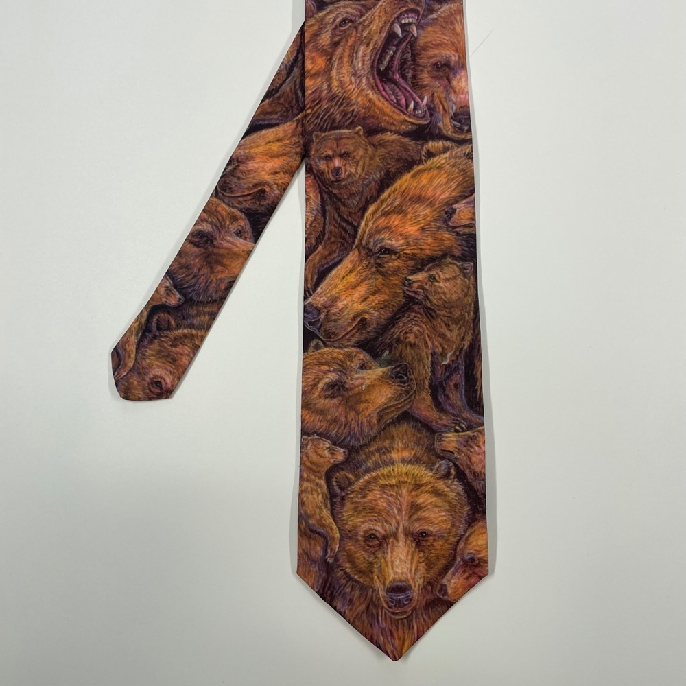 Dem Crazy Brown Grizzly Bear Wildlife Graphic Print Necktie Mens OS